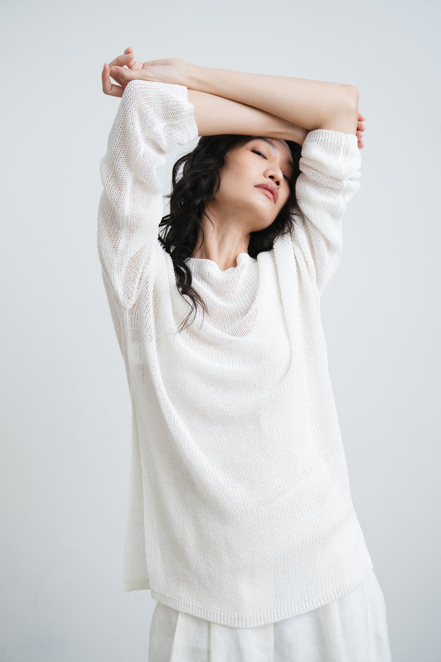 White linen knit top with side slits