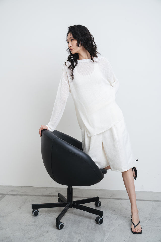 White linen knit top with side slits