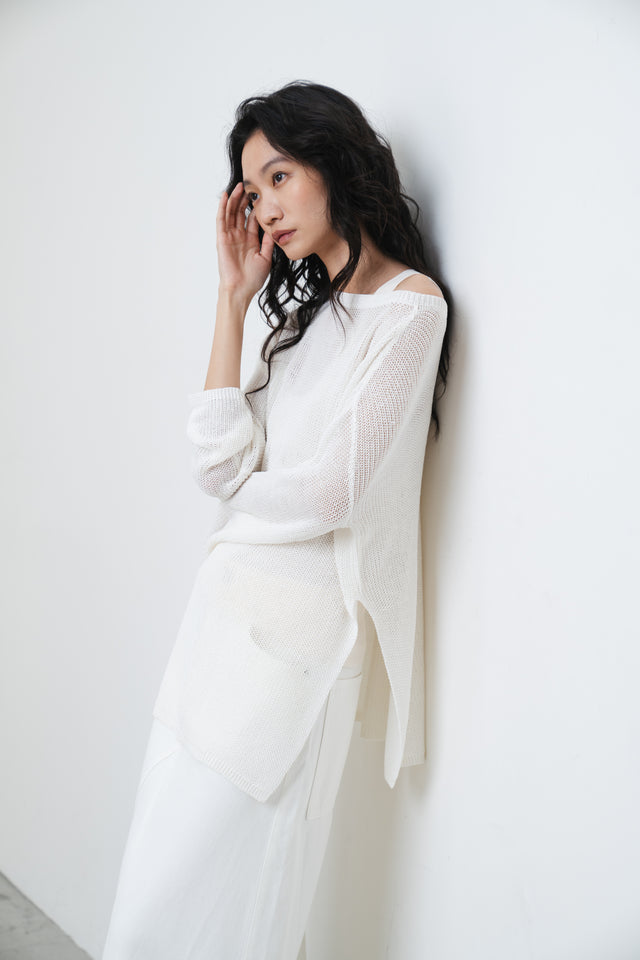 White linen knit top with side slits