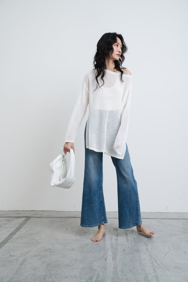 White linen knit top with side slits