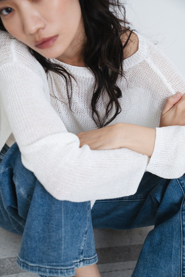 White linen knit top with side slits