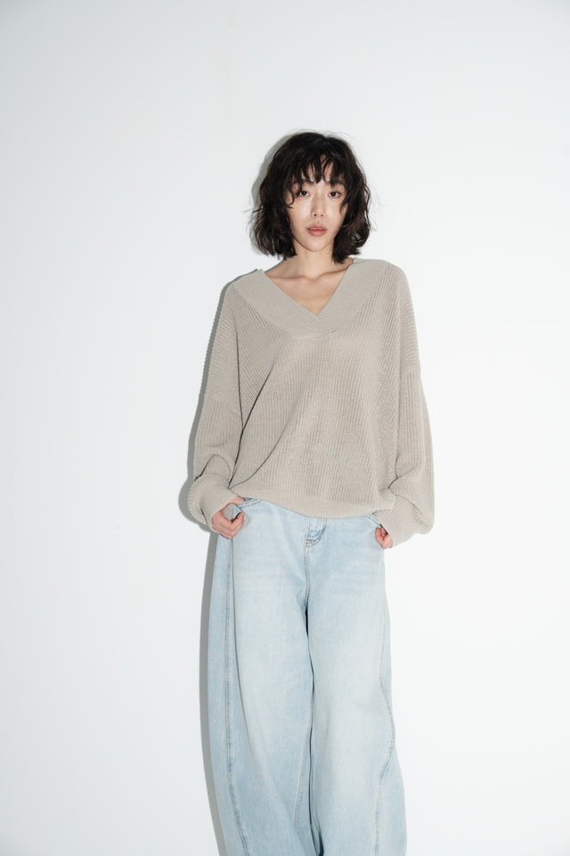 Oversized 交疊V領針織衫 (裸灰)