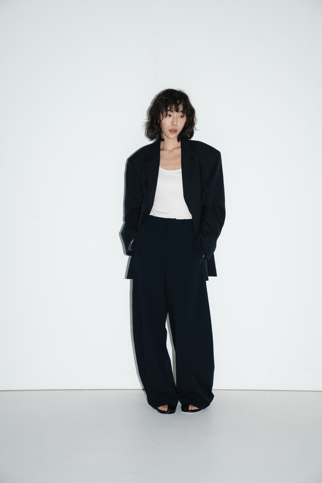 Unisex 獨特拼布質感暗紋西外 (深黑藍)