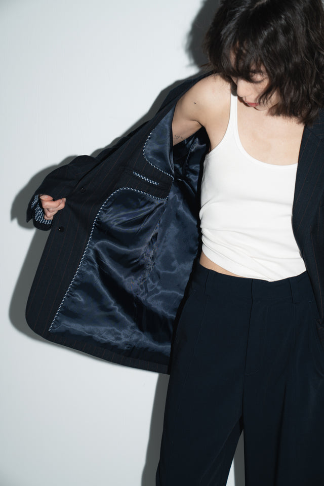 Unisex 獨特拼布質感暗紋西外 (深黑藍)