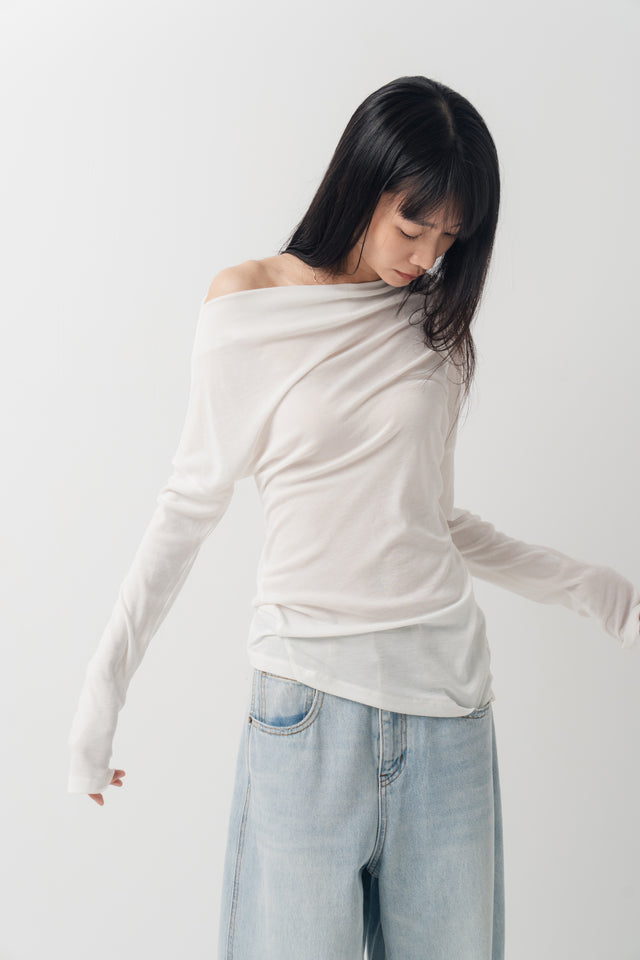 斜領美肩上衣 (白)