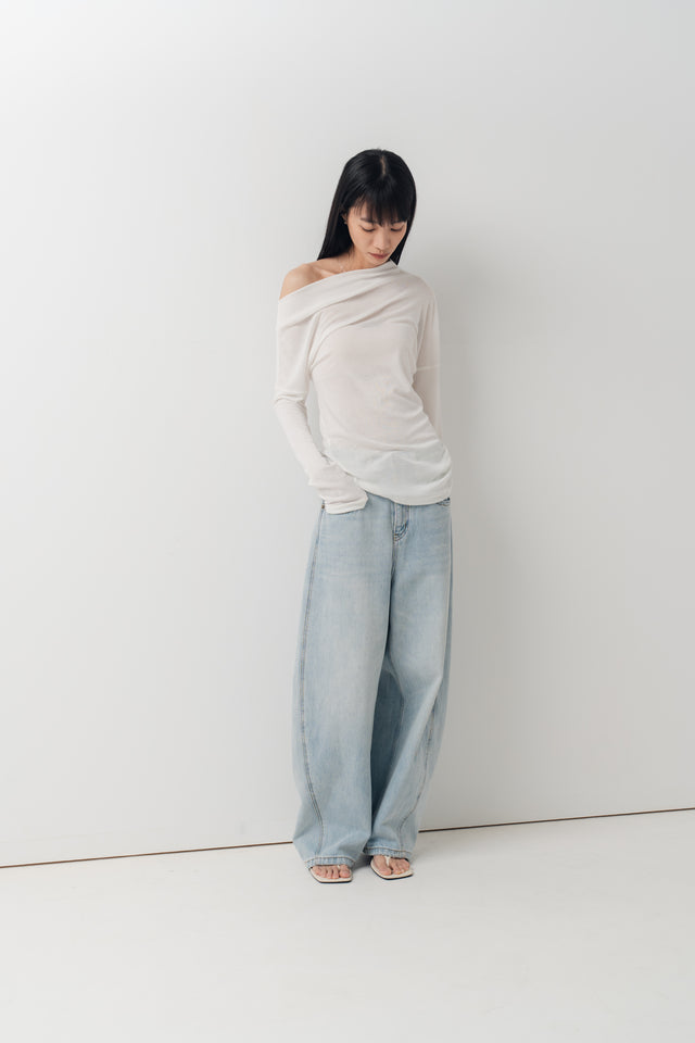 斜領美肩上衣 (白)