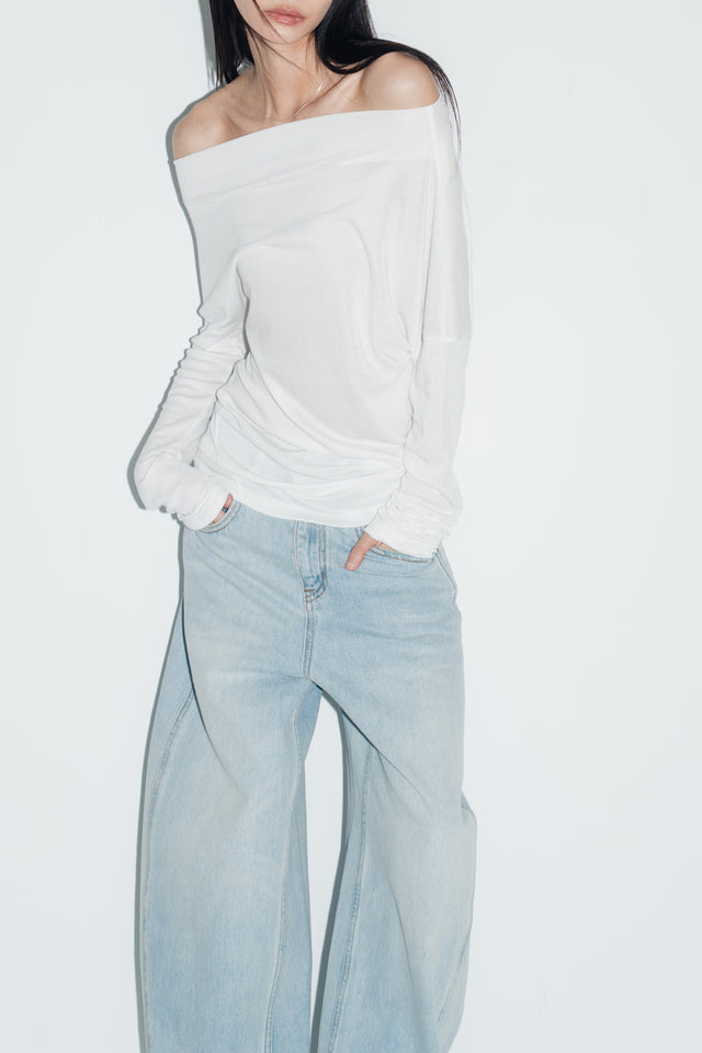 斜領美肩上衣 (白)