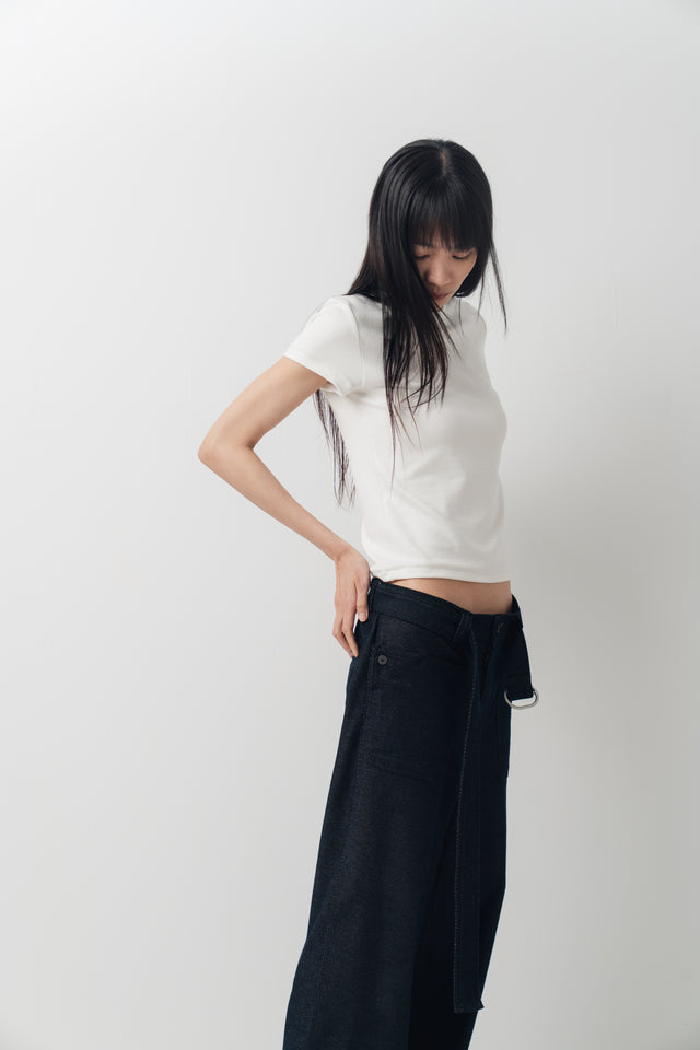 Ultra Soft 翻袋造型直筒丹寧褲(附腰帶) (深藍)