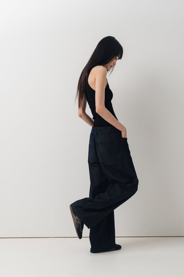 Ultra Soft 翻袋造型直筒丹寧褲(附腰帶) (深藍)