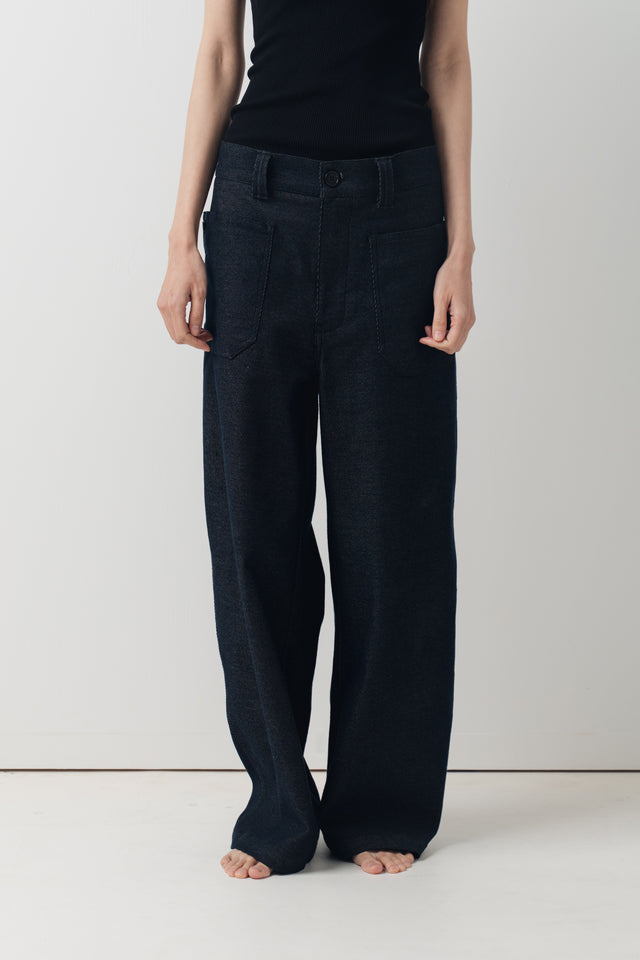 Ultra Soft 翻袋造型直筒丹寧褲(附腰帶) (深藍)