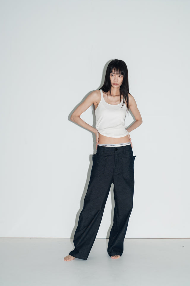 Ultra Soft 翻袋造型直筒丹寧褲(附腰帶) (深藍)