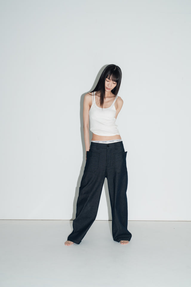 Ultra Soft 翻袋造型直筒丹寧褲(附腰帶) (深藍)