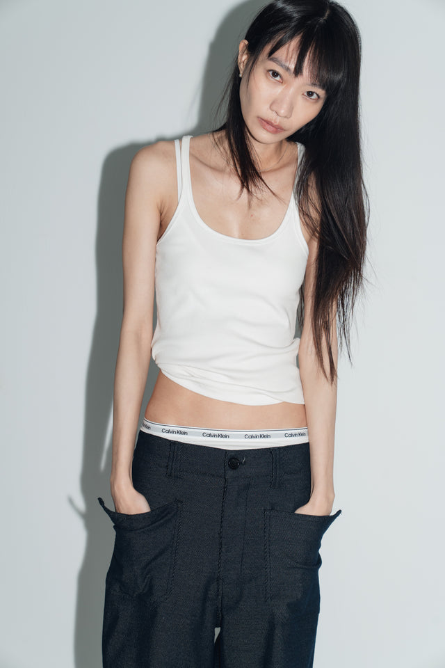 Ultra Soft 翻袋造型直筒丹寧褲(附腰帶) (深藍)