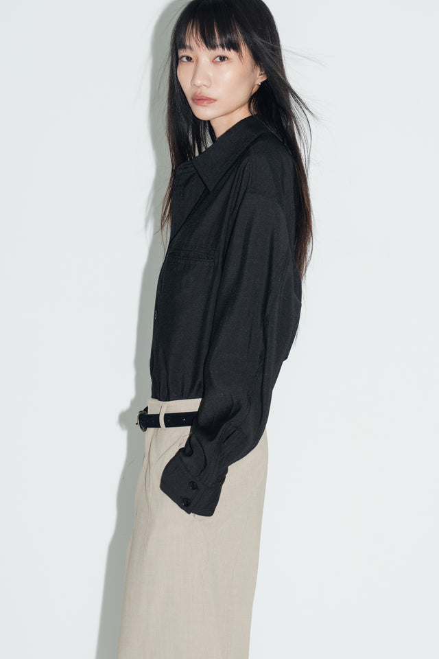 清透紋理鬆身襯衫 (黑)