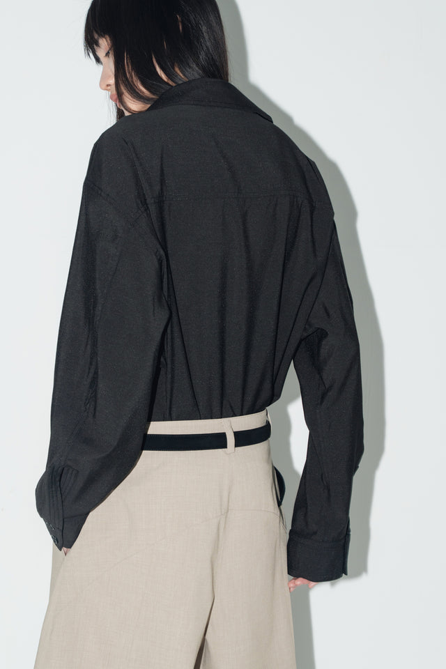 清透紋理鬆身襯衫 (黑)