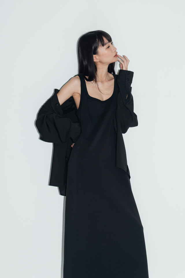 清透紋理鬆身襯衫 (黑)