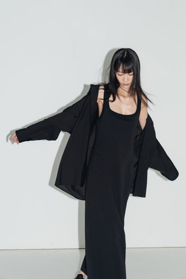 清透紋理鬆身襯衫 (黑)