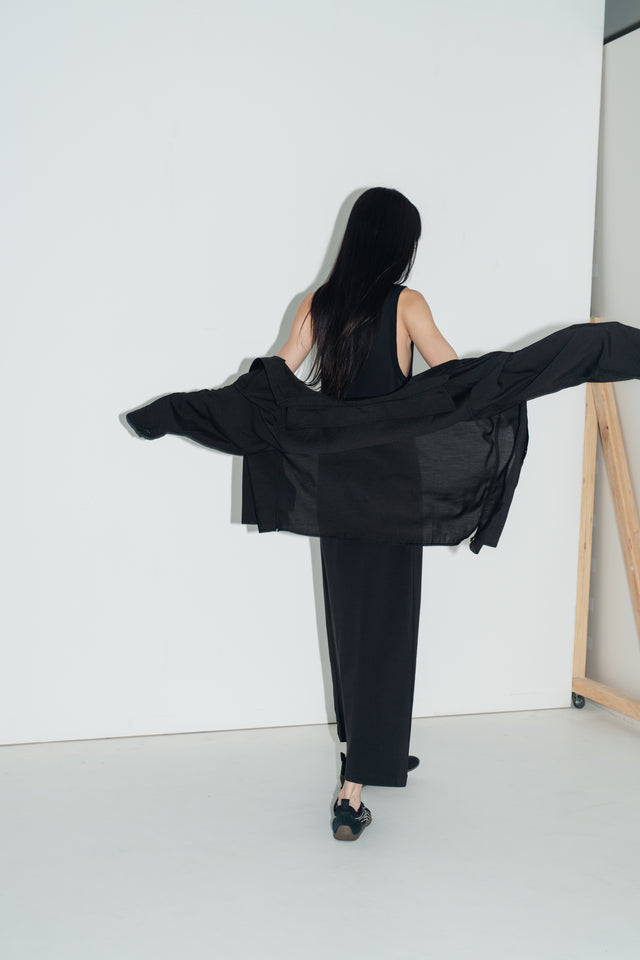 清透紋理鬆身襯衫 (黑)