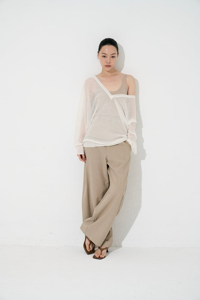 絲麻V領透紗針織衫 (白)