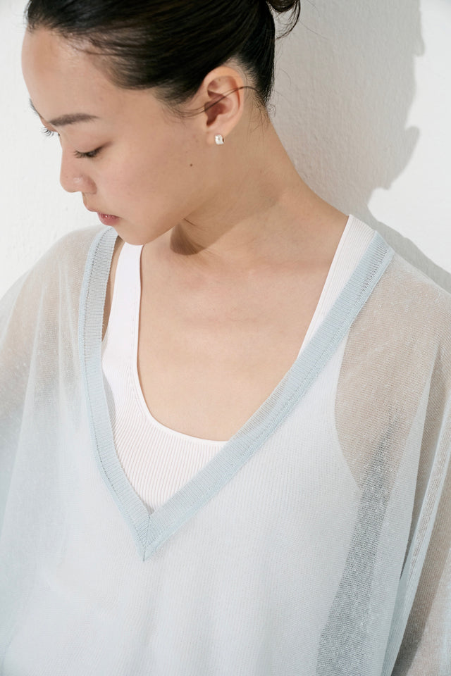 絲麻V領透紗針織衫 (天藍)