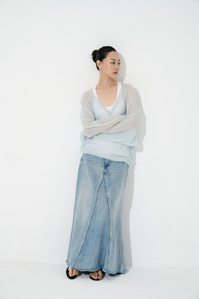 絲麻V領透紗針織衫 (天藍)