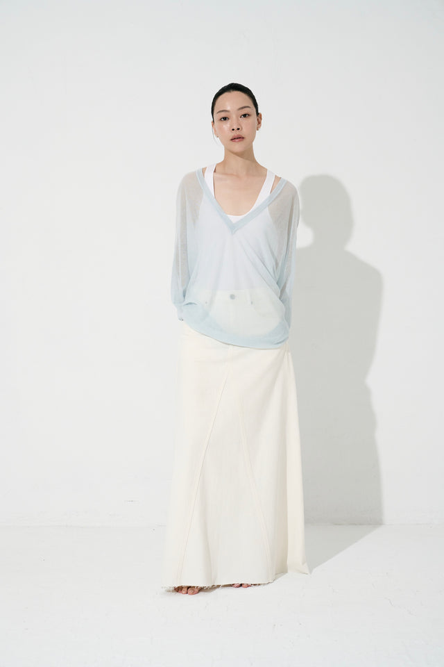 絲麻V領透紗針織衫 (天藍)