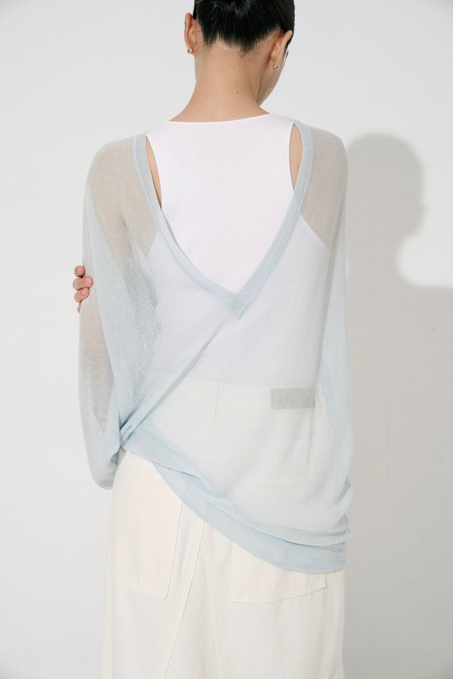絲麻V領透紗針織衫 (天藍)