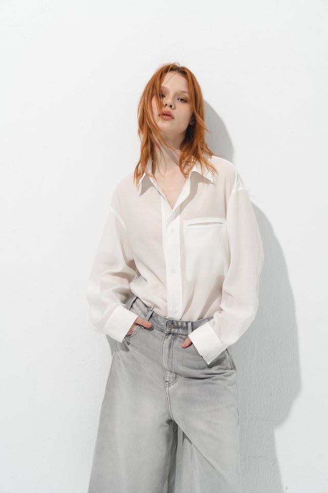 清透紋理鬆身襯衫 (白)