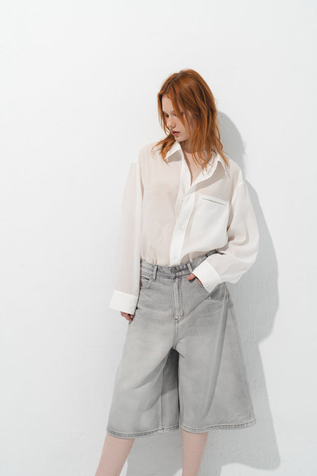 清透紋理鬆身襯衫 (白)