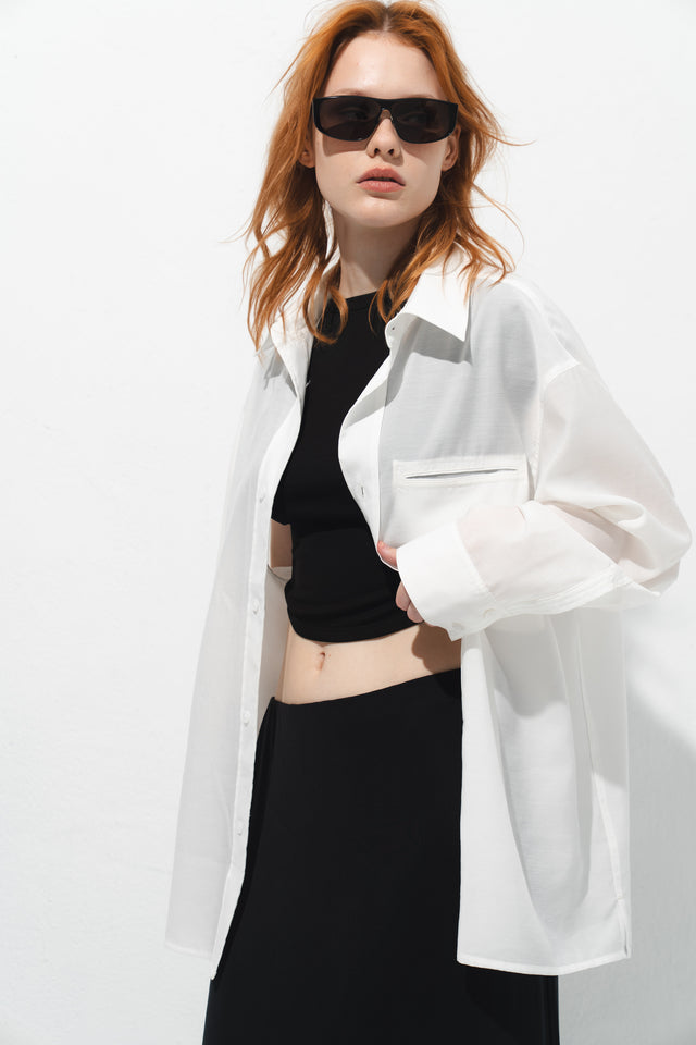 清透紋理鬆身襯衫 (白)