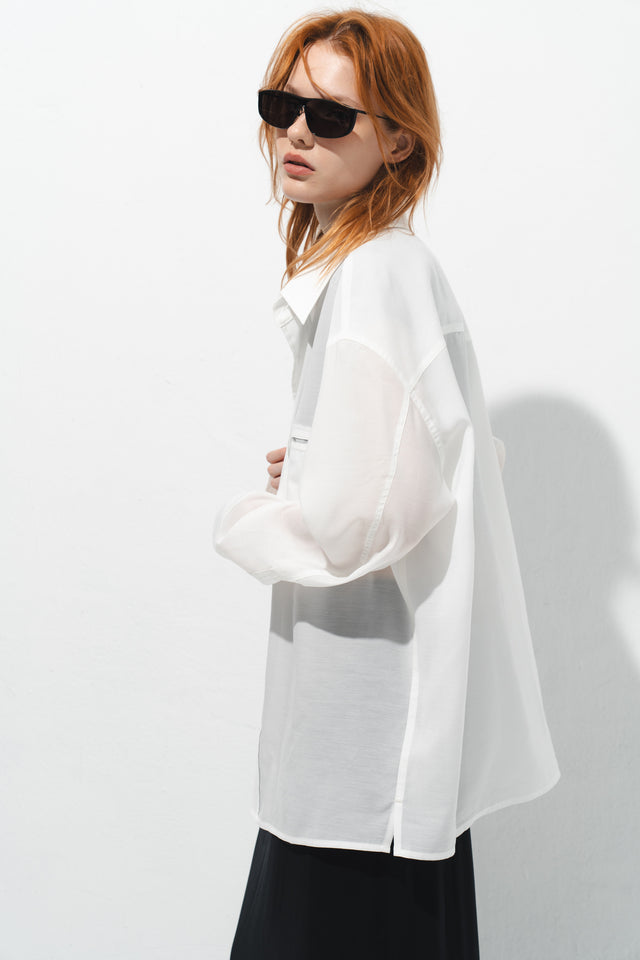 清透紋理鬆身襯衫 (白)