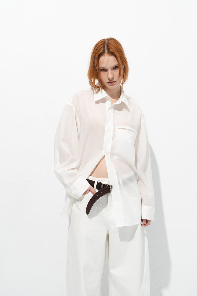 清透紋理鬆身襯衫 (白)