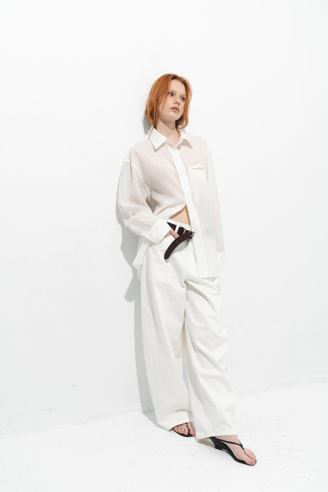 清透紋理鬆身襯衫 (白)