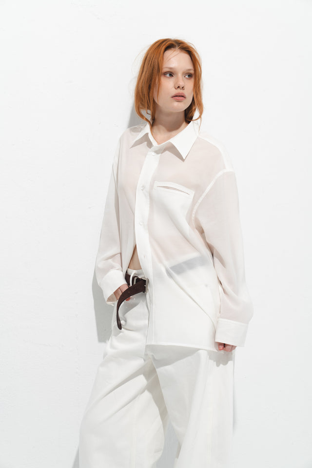 清透紋理鬆身襯衫 (白)