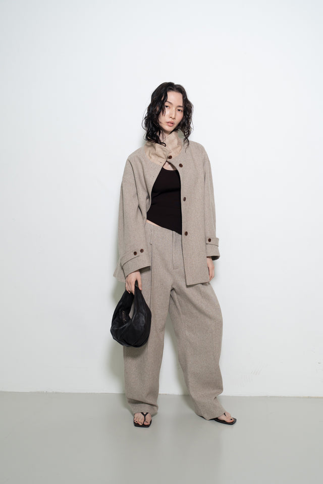 拼色立領中版羊毛大衣 (裸麥)