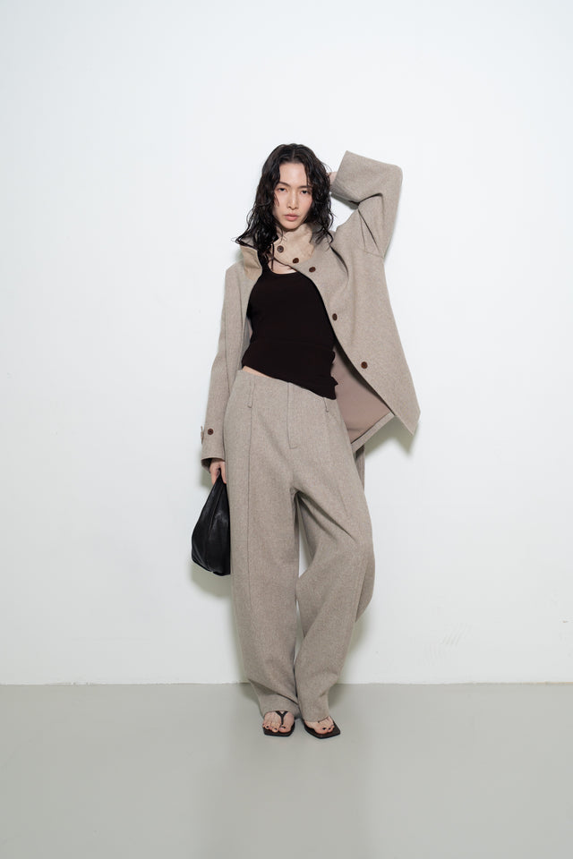 拼色立領中版羊毛大衣 (裸麥)