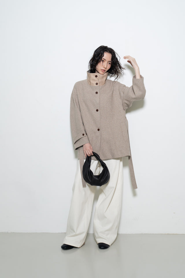拼色立領中版羊毛大衣 (裸麥)