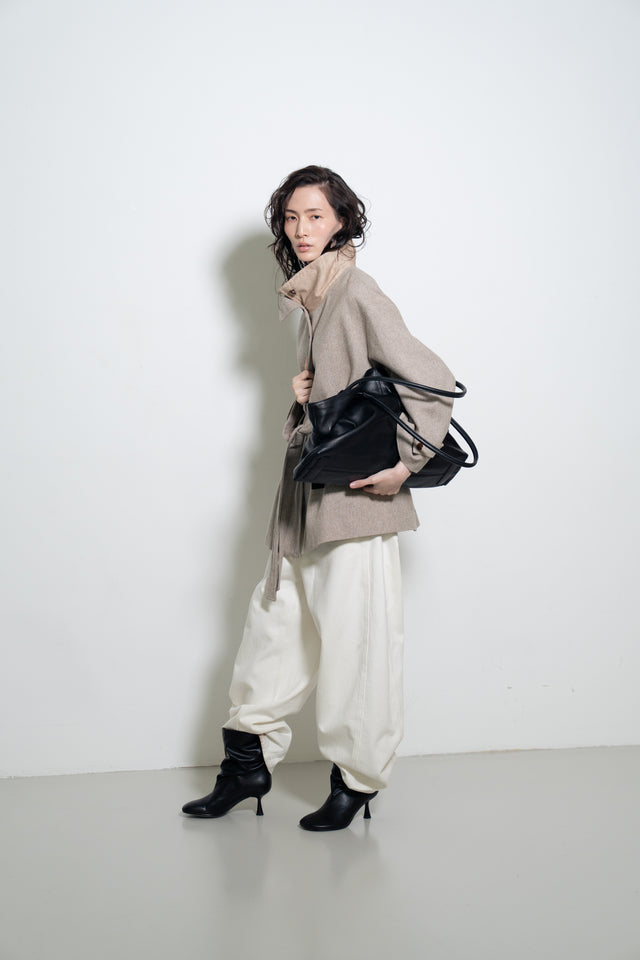 拼色立領中版羊毛大衣 (裸麥)