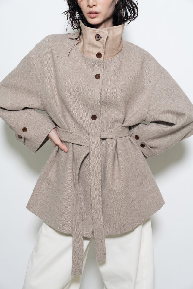 拼色立領中版羊毛大衣 (裸麥)