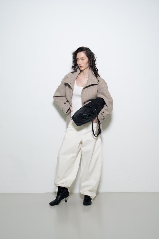 拼色立領中版羊毛大衣 (裸麥)