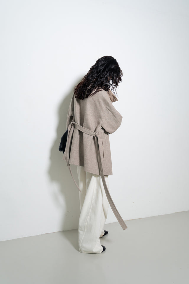 拼色立領中版羊毛大衣 (裸麥)