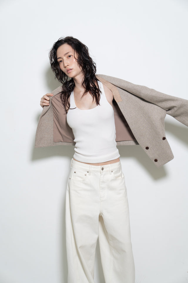 拼接領收腰短版西外 (裸麥)