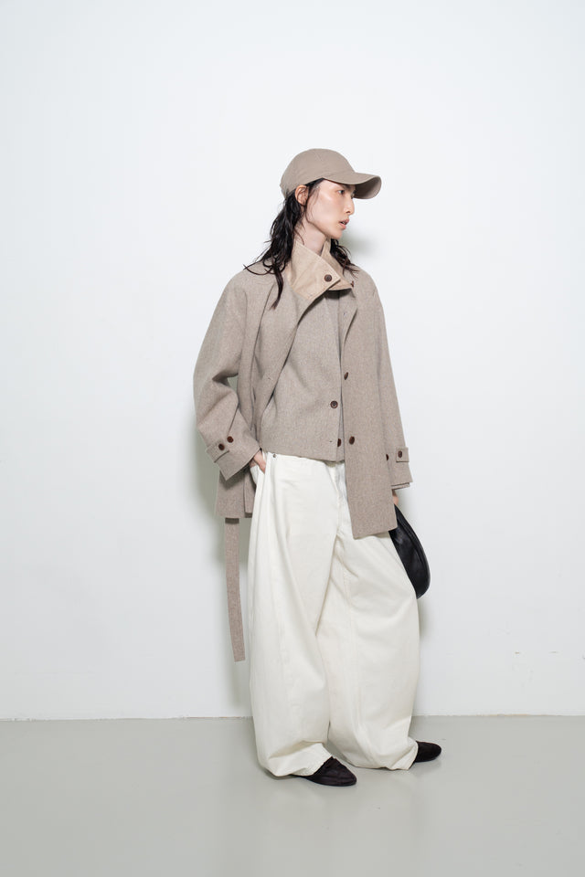 拼色立領中版羊毛大衣 (裸麥)