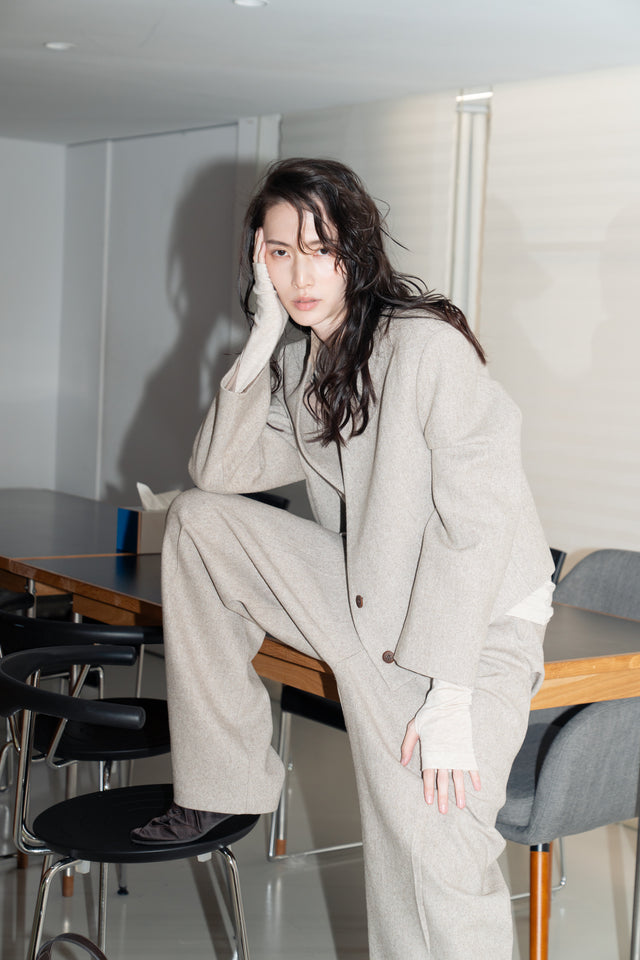 拼接領收腰短版西外 (裸麥)