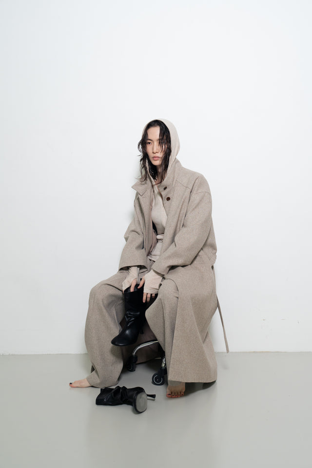 風衣式長版羊毛大衣 (裸麥)