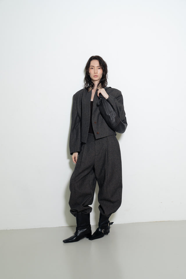 拼接領收腰短版西外 (褐棕)