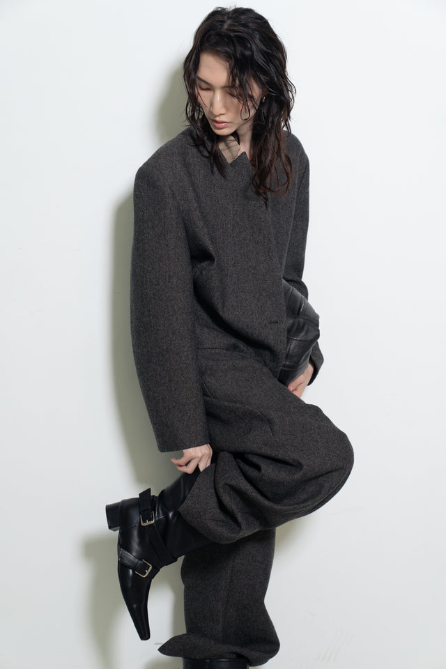 打褶羊毛錐形西褲 (褐棕)