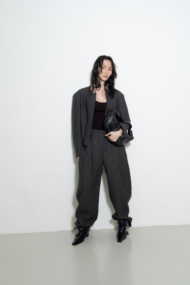 拼接領收腰短版西外 (褐棕)