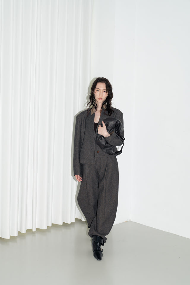 拼接領收腰短版西外 (褐棕)