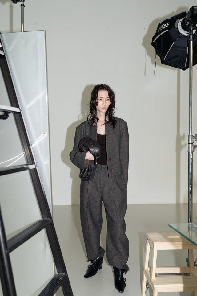 拼接領收腰短版西外 (褐棕)